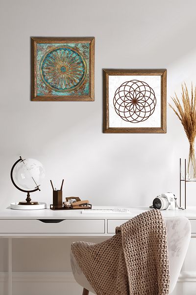 Pinecone Flower of Life Stone Wall Painting Wood Framed Wall Decor 2 Piece Painting Set Wall Art -W2-487-