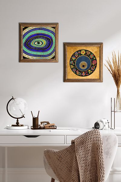 Pinecone Evil Eye Stone Wall Painting Wooden Framed Wall Decor 2 Piece Painting Set Wall Art -W2-407-