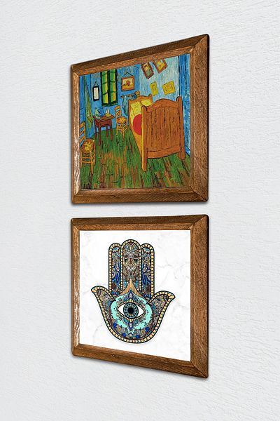 Pinecone Van Gogh Bedroom, Fatma Mother Hand (Hamsa) Stone Wall Painting Wood Framed Wall Decor -W2-74-