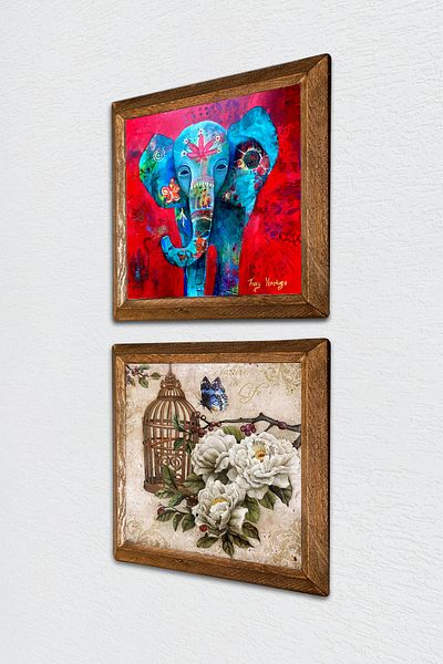 Pinecone Elephant, Butterfly Flower Stone Wall Painting with Wooden Frame Wall Decor 2 Piece Painting Set -W2-293-