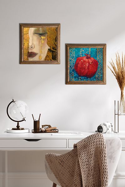 Pinecone Gustav Klimt Golden Tears, Pomegranate Stone Wall Painting with Wooden Frame Wall Decor Set of 2 Painting -W2-96-
