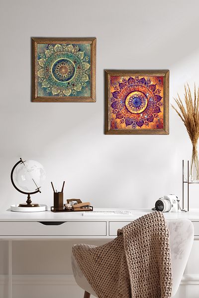 Pinecone Mandala Stone Wall Painting with Wooden Frame Wall Decor 2 Piece Painting Set Wall Art -W2-582-