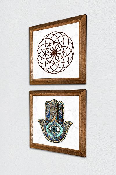 Pinecone Flower of Life, Fatma Mother Hand (Hamsa) Stone Wall Painting Wooden Framed Wall Decor -W2-41-
