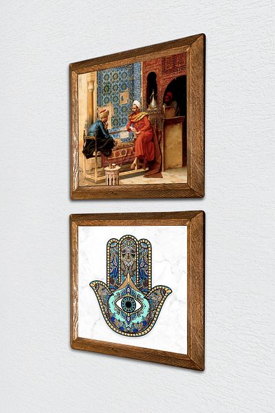 Pinecone Chess Game, Fatma Ana Eli (Hamsa) Stone Wall Painting Wooden Framed Wall Decor -W2-13-