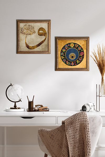 Pinecone Vav, Pictură de perete cu piatră de ochi rău Decor de perete cu rame din lemn Set de pictură din 2 piese Artă de perete -W2-405-