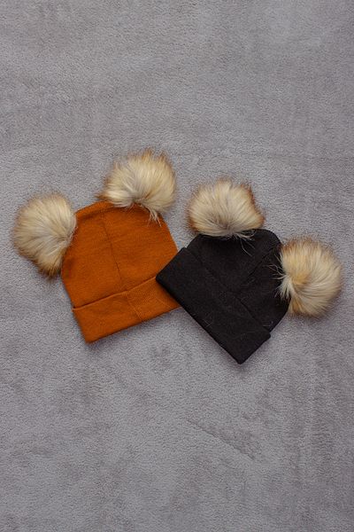ADABEBEK Unisex Double Pompom Set of 2 Solid Color Knitwear Beret Kids Size