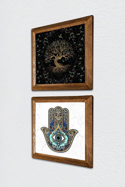 Pinecone Tree of Life, Fatma Mother Hand (Hamsa) Stone Wall Painting Wooden Framed Wall Decor 2 Piece Painting -W2-37-