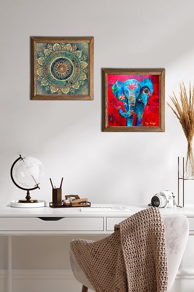 Pinecone Mandala, elefant pictură pe perete din piatră cu cadru din lemn Decor de perete 2 bucăți set de pictură Wall Art -W2-575-