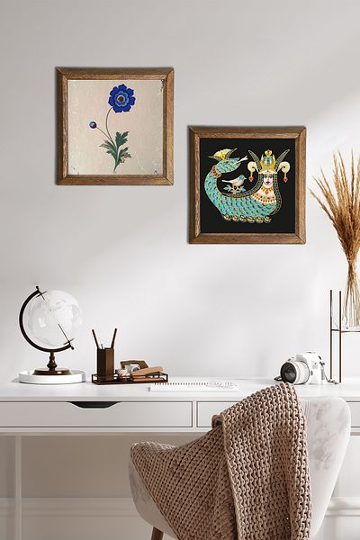Pinecone Marbling Art, Shahmeran Stone Wall Painting with Wooden Frame Wall Decor 2 Piece Painting Set -W2-249-