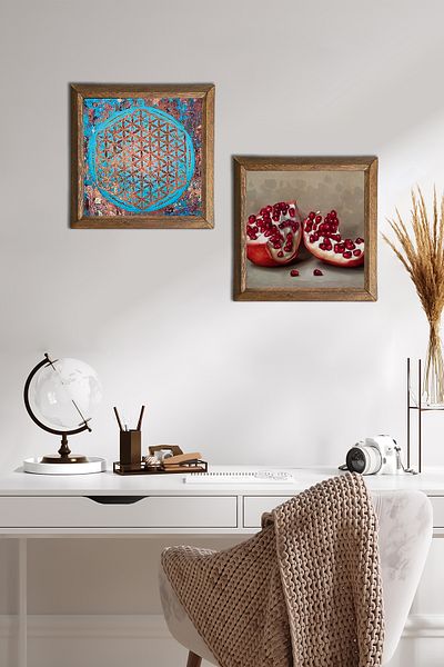 Pinecone Flower of Life, Pomegranate Stone Wall Painting with Wooden Frame Wall Decor Set of 2 Painting Wall Art -W2-756-