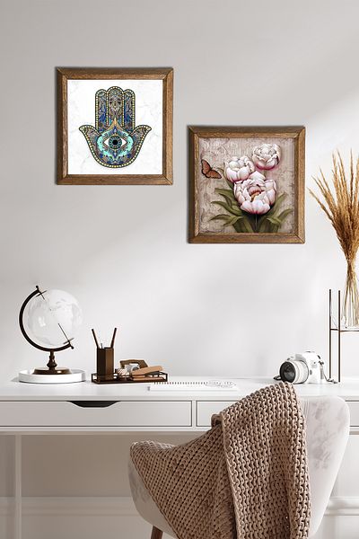 Pinecone Butterfly Flower, Fatma Mother Hand (Hamsa) Stone Wall Painting Wooden Framed Wall Decor -W2-07-