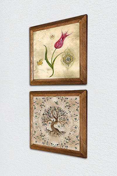 Pinecone Tulip, Tree of Life Stone Wall Painting Wooden Framed Wall Decor Set of 2 Painting Wall Art -W2-640-