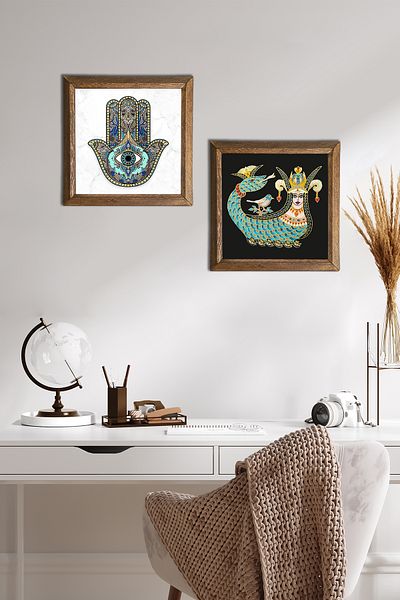 Pinecone Şahmeran, Fatma Ana Hand (Hamsa) Pictură pe perete din piatră Decor de perete cu rame din lemn Pictură din 2 piese -W2-04-