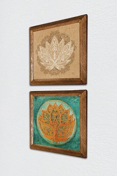 Pinecone Pictură pe perete cu piatră de flori de lotus Decor de perete cu rame din lemn Set de pictură din 2 piese Artă de perete -W2-498-
