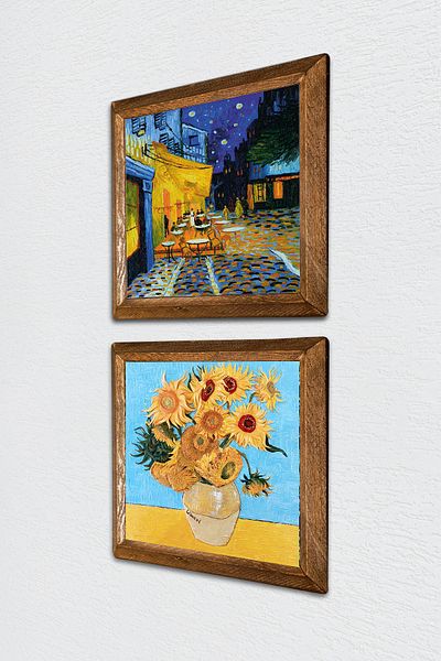 Pinecone Van Gogh Cafe Terrace at Night, Twelve Sunflowers Vase Stone Wall Painting Framed Wall Decor -W2-390-