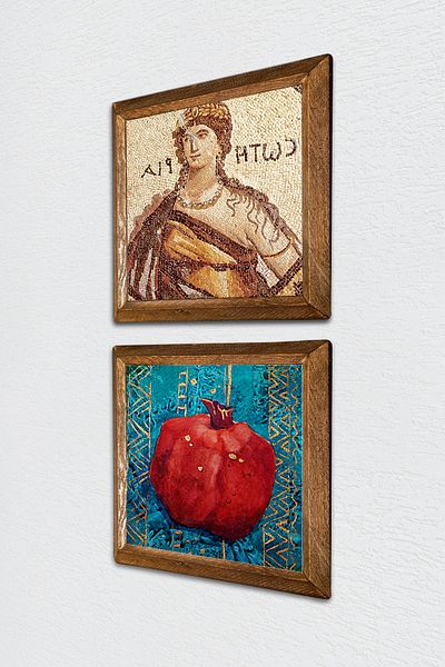 Pinecone Mosaic of Soteria, Pomegranate Stone Wall Painting with Wooden Frame Wall Decor 2 Piece Painting Set -W2-103-
