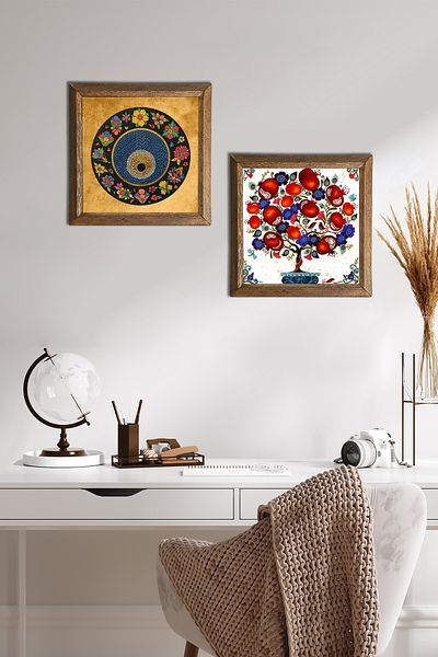 Pinecone Evil Eye, Pictură pe perete din piatră de pom de rodie Decor de perete cu rame din lemn Set de pictură din 2 piese Artă de perete -W2-153-