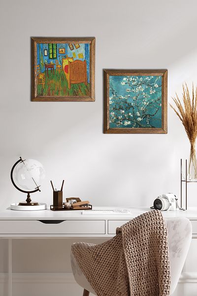 Pinecone Van Gogh Bedroom at Arles, Almond Tree Stone Wall Painting Wood Framed Wall Decor -W2-375-