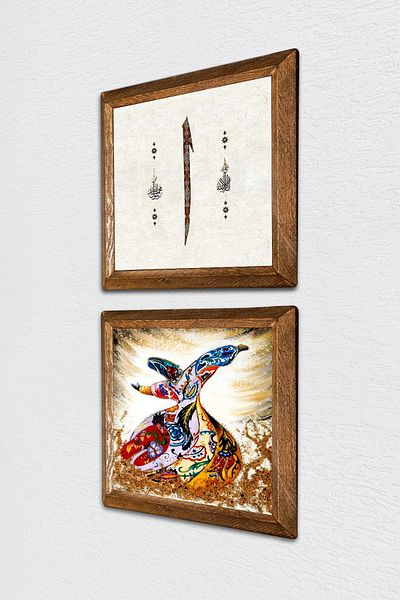 Pinecone Elif, Whirling Dervish Stone Wall Painting with Wooden Frame Wall Decor 2 Piece Painting Set Wall Art -W2-622-