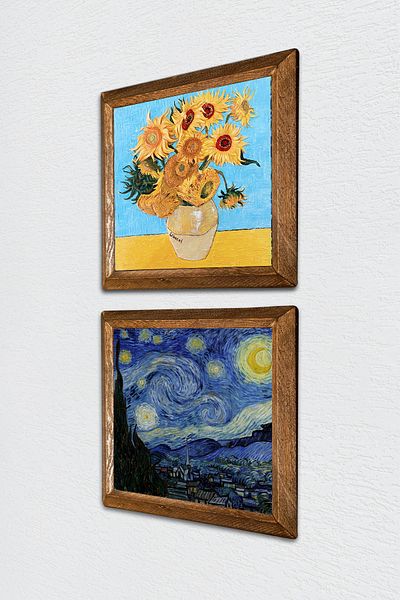 Pinecone Van Gogh Twelve Sunflowers Vase, Starry Night Stone Wall Painting Framed Wall Decor -W2-379-