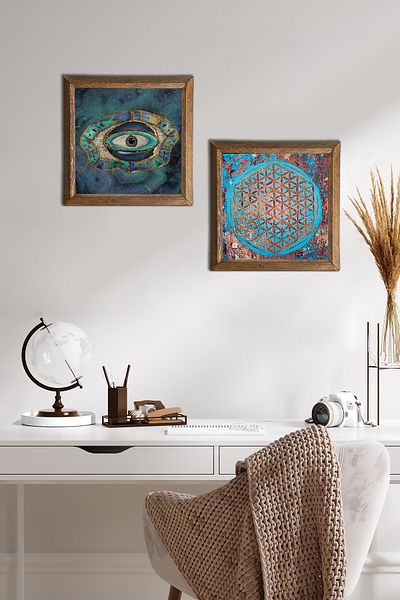 Pinecone Evil Eye, Flower of Life Stone Wall Painting Wooden Framed Wall Decor Set of 2 Painting Wall Art -W2-544-