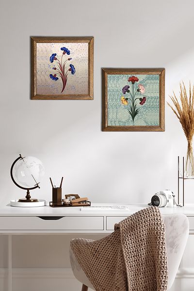 Pinecone Ebru Art Stone Pictură de perete cu rame din lemn Decor de perete Set de pictură din 2 piese Wall Art -W2-596-