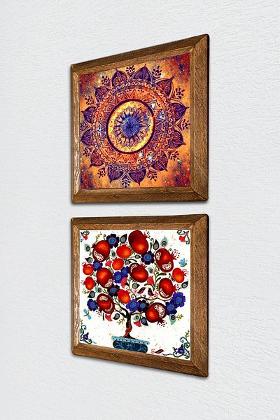 Pinecone Mandala, Pomegranate Tree Stone Wall Painting Wooden Framed Wall Decor Set of 2 Painting Wall Art -W2-181-