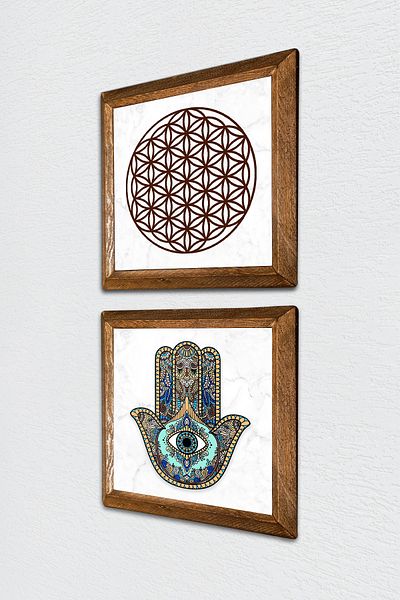 Pinecone Flower of Life, Fatma Mother Hand (Hamsa) Stone Wall Painting Wooden Framed Wall Decor -W2-40-