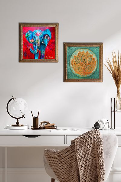 Pinecone Elephant, Lotus Flower Stone Wall Painting with Wooden Frame Wall Decor Set of 2 Painting Wall Art -W2-537-