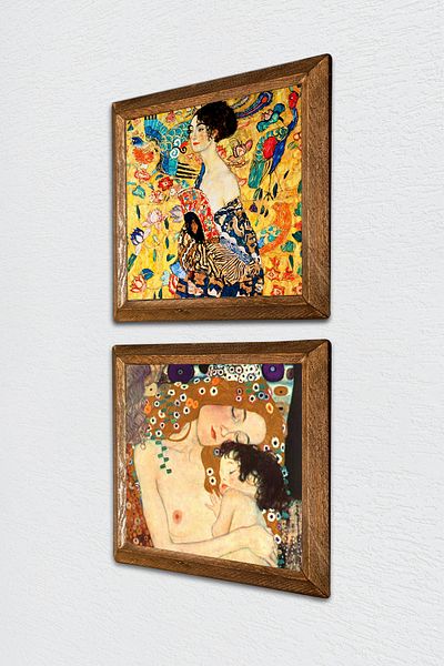 Pinecone Gustav Klimt Woman with a Fan, Mother Child Stone Wall Painting with Wood Frame Wall Decor -W2-362-