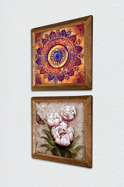 Pinecone Mandala, Butterfly Flower Stone Wall Painting with Wooden Frame Wall Decor 2 Piece Painting Set -W2-311-