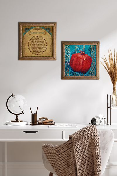 Pinecone Rugăciunea de abundență, pictură pe perete cu piatră de rodie, decor de perete cu cadru din lemn, set de 2 picturi, artă de perete -W2-106-