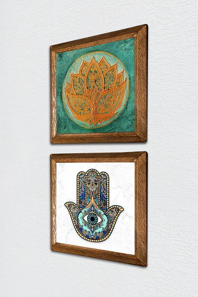 Pinecone Λουλούδι Lotus, Fatma Mother Hand (Hamsa) Πέτρινη Ζωγραφική Τοίχου με Ξύλινο Πλαίσιο Διακόσμηση Τοίχου -W2-48-
