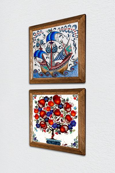 Pinecone Navă cu pânze în artă, pictură pe perete din piatră de rodie, decor de perete cu rame din lemn -W2-168-