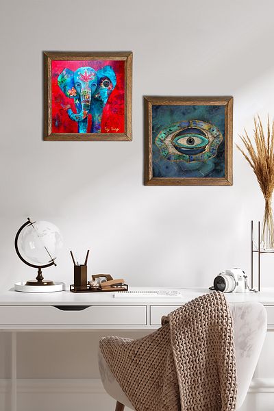 Pinecone Elephant, Evil Eye Stone Wall Painting Wooden Framed Wall Decor 2 Piece Painting Set Wall Art -W2-567-