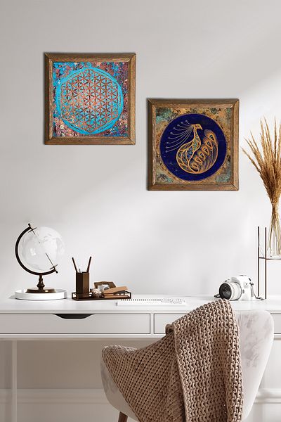 Pinecone Flower of Life, Peacock Stone Wall Painting with Wooden Frame Wall Decor 2 Piece Painting Set -W2-524-