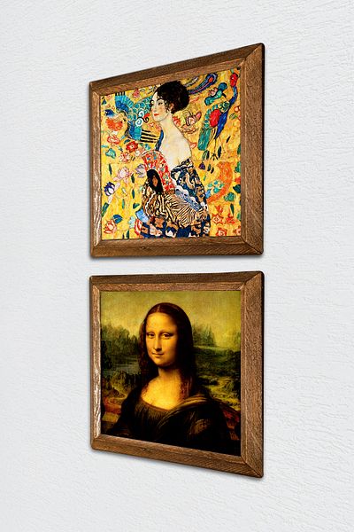 Pinecone Gustav Klimt Woman with the Fan, Da Vinci Mona Lisa Stone Wall Painting Framed Wall Decor -W2-330-