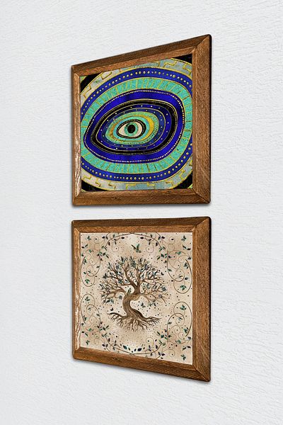 Pinecone Evil Eye, Arborele Vieții Pictură pe perete din piatră Decor de perete cu rame din lemn Set de 2 picturi Artă de perete -W2-214-