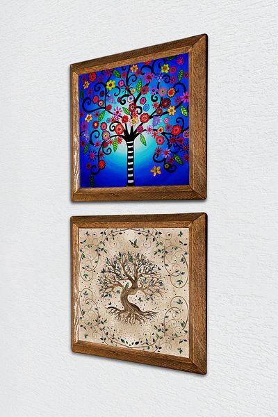 Pinecone Arborele vieții Pictură pe perete din piatră Decor de perete cu rame din lemn Set de pictură din 2 piese Artă de perete -W2-639-