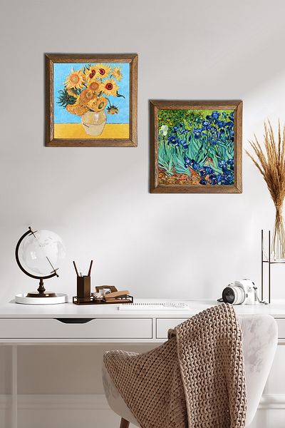 Pinecone Van Gogh Twelve Sunflowers Vase, Irises Stone Wall Painting Wood Framed Wall Decor -W2-384-