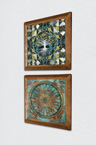 Pinecone Tree of Life, Flower of Life Stone Wall Painting Wood Framed Wall Decor 2 Piece Painting Set -W2-520-