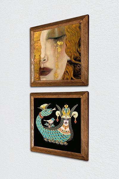 Pinecone Gustav Klimt Golden Tears, Shahmeran Stone Wall Painting with Wood Frame Wall Decor -W2-233-