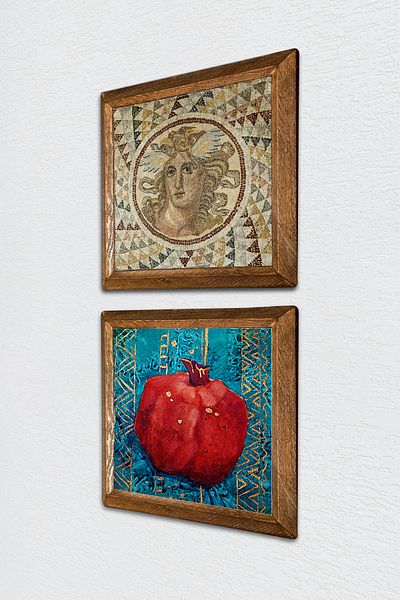 Pinecone Mosaic Series, Pomegranate Stone Wall Painting Wooden Framed Wall Decor Set of 2 Painting Wall Art -W2-102-