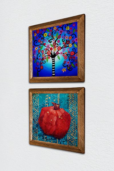 Pinecone Tree of Life, Pomegranate Stone Wall Painting Wood Framed Wall Decor 2 Piece Painting Set Wall Art -W2-669-