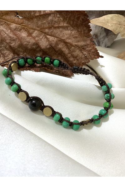 azra takı tasarım Handmade African turquoise, brass, tiger eye, macrame women's bracelet