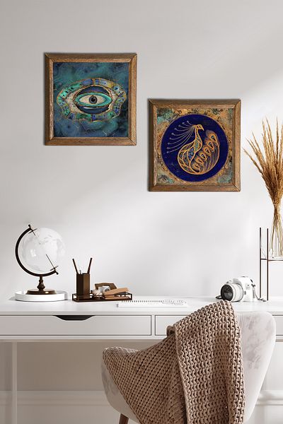Pinecone Evil Eye, Peacock Stone Wall Painting with Wooden Frame Wall Decor Set of 2 Painting Wall Art -W2-527-