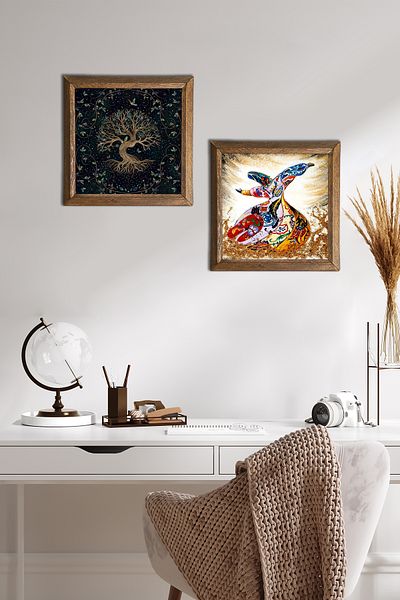 Pinecone Arborele vieții, pictură pe perete din piatră de stăpâne Decor de perete cu rame din lemn Set de pictură din 2 piese -W2-625-