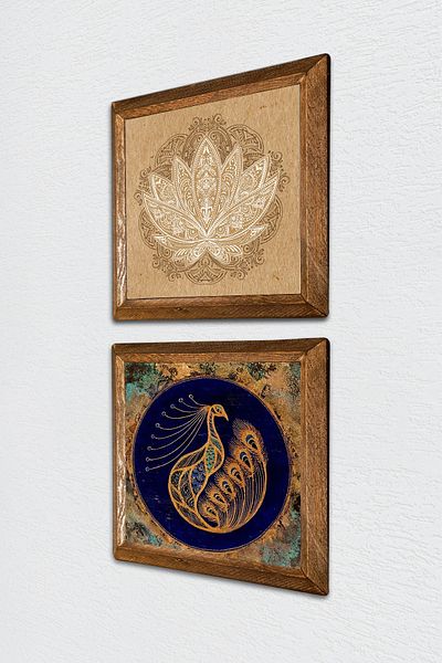 Pinecone Peacock, Lotus Flower Stone Wall Painting with Wooden Frame Wall Decor 2 Piece Painting Set -W2-497-