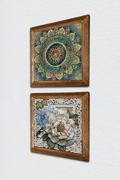 Pinecone Mandala, fluture, flori, pictură pe perete din piatră, decor de perete cu rame din lemn, set de pictură din 2 piese -W2-303-