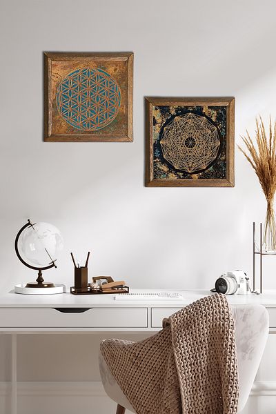 Pinecone Floarea vieții, Sri Yantra Pictură pe perete din piatră Decor de perete cu rame din lemn Set de pictură 2 piese -W2-559-